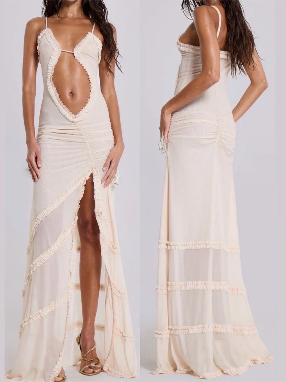 Jaded London Cream Cutout Maxi Dress with Frayed Trim